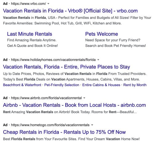 example of ppc ads for vacation rentals
