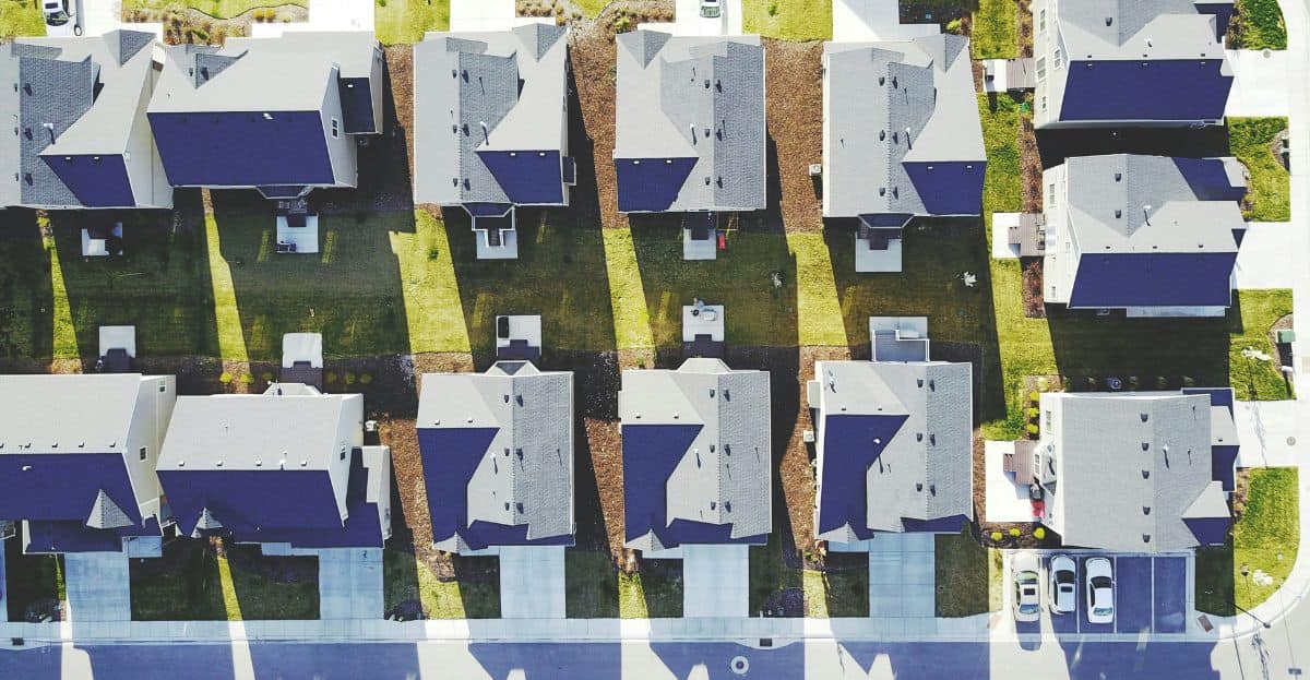 overhead view of neighborhood of homes