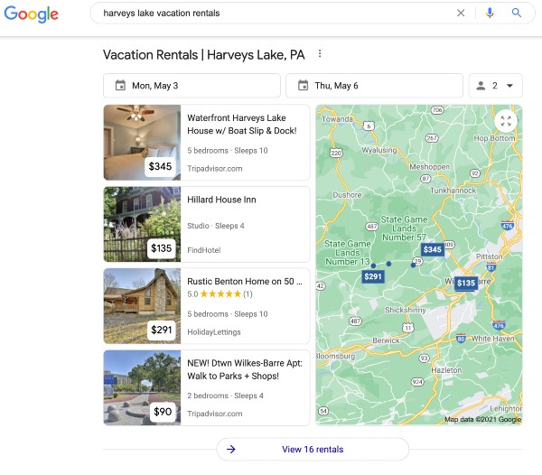 Google Vacation Rentals search feature